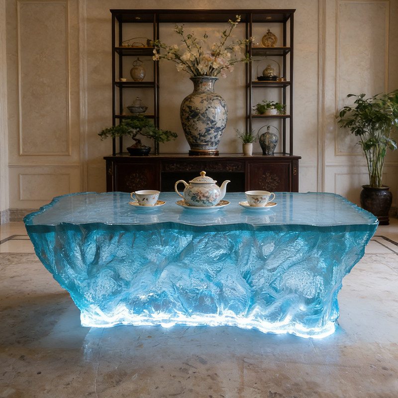 Transparent resin luminous crystal island, light luxury home dining table, ice cubes, stones, high-end feeling, hotel reception bar, front desk