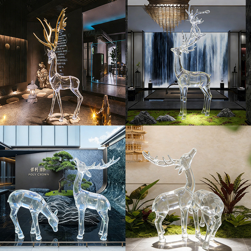 Transparent Crystal Deer Sculpture Large Hotel Sales Office Square Garden Staircase Resin Decoration Floor Decoration