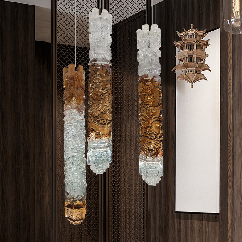 Transparent resin ceiling hanging wooden columns, sculptures, hotel sales offices, villas, aerial hanging art ornaments