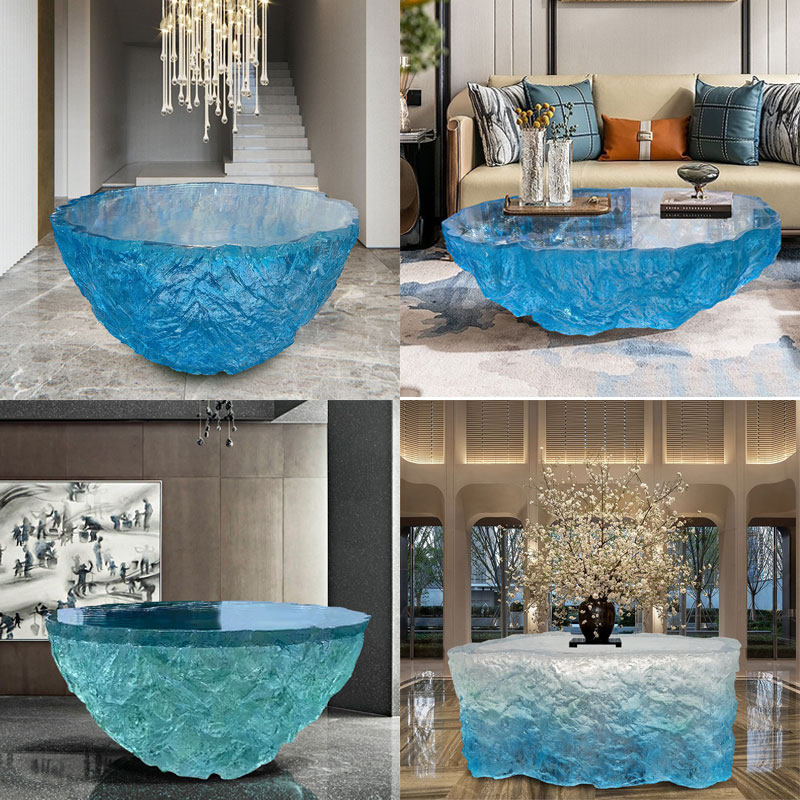Transparent blue deep ocean tea table, modern light luxury living room, household resin table, high-end art crystal circular tea table