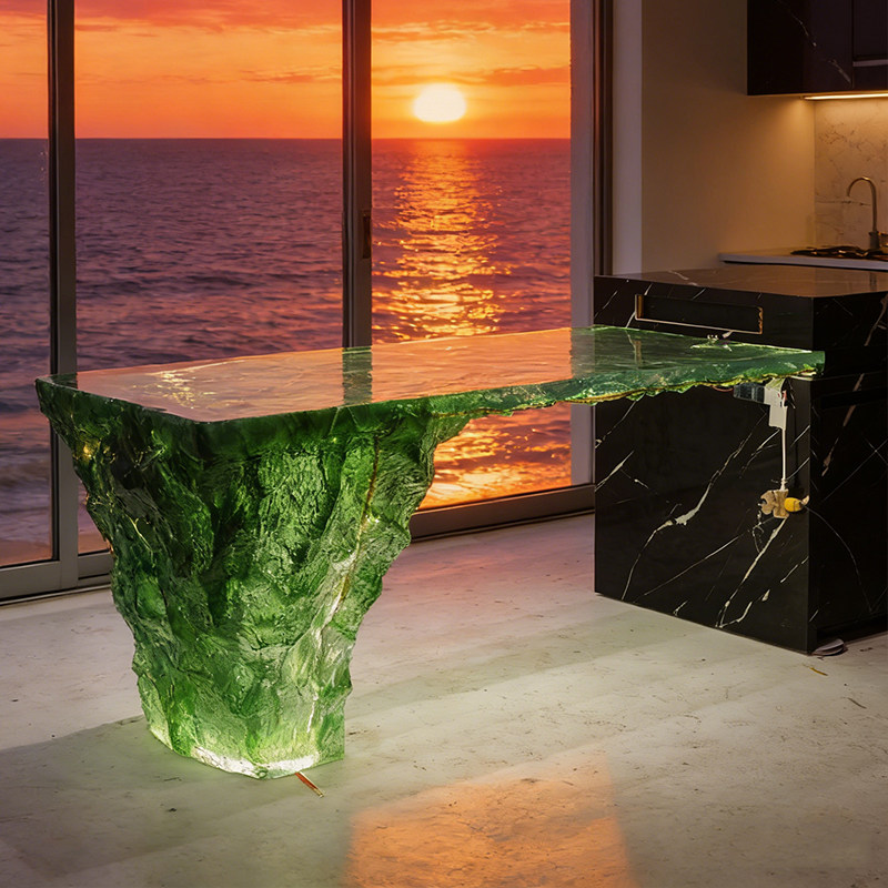 Light luxury transparent resin crystal island table, clubhouse, villa beauty salon, designer’s creative glacier tea table customization