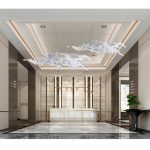 Transparent waves hanging in the air in the hotel lobby, artistic decorative resin ornaments hanging from the ceiling of the sales office in the shopping mall