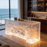 Modern luxury crystal luminous island table, bar, villa, high-end feeling, transparent resin reception, irregular bar counter in front