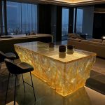 Transparent resin luminous crystal island, light luxury home dining table, ice cubes, stones, high-end feeling, hotel reception bar, front desk