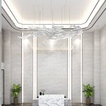 Transparent waves hanging in the air in the hotel lobby, artistic decorative resin ornaments hanging from the ceiling of the sales office in the shopping mall