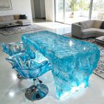 Modern luxury crystal luminous island table, bar, villa, high-end feeling, transparent resin reception, irregular bar counter in front